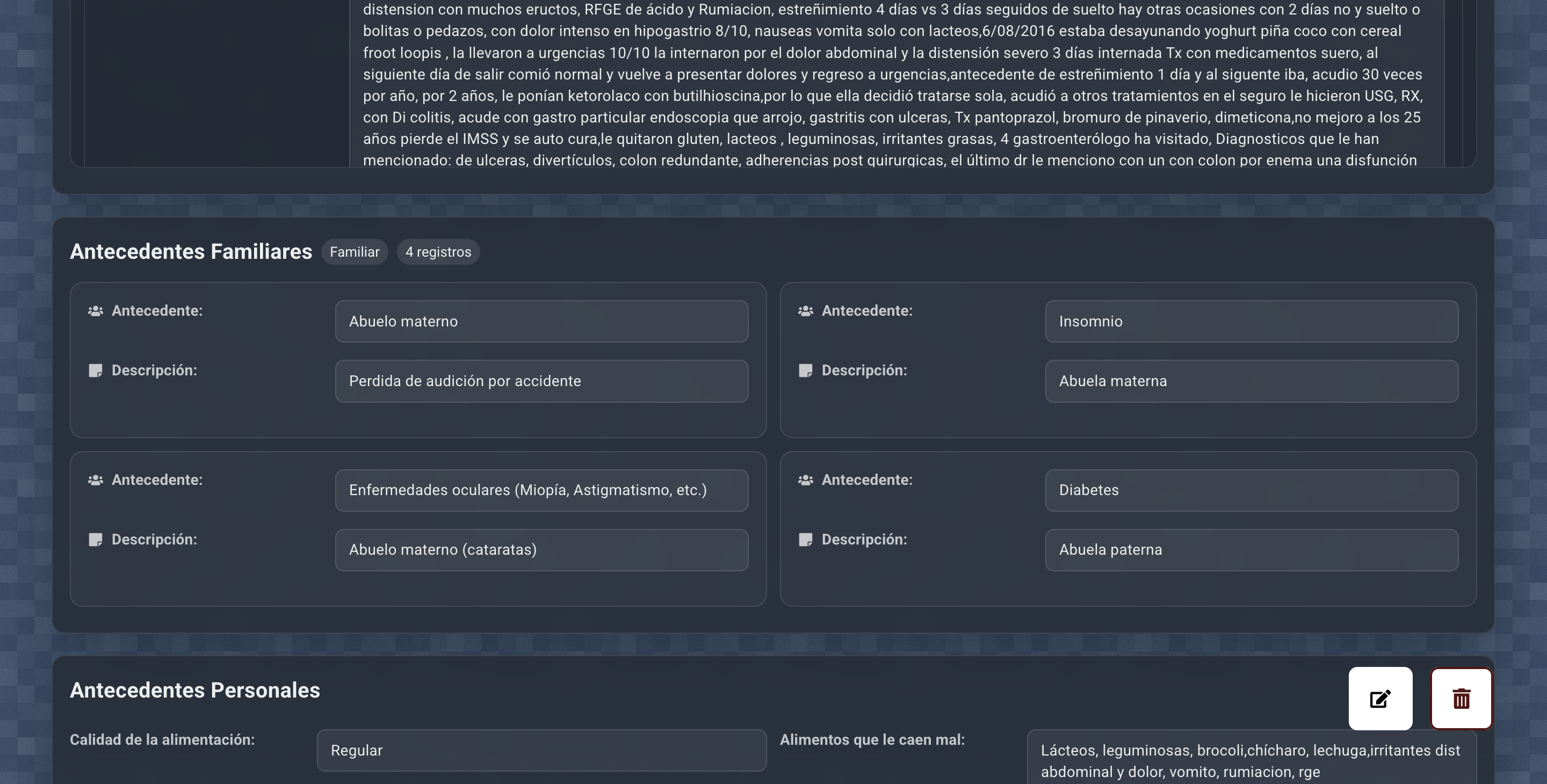 Sección de interrogatorio dentro del perfil