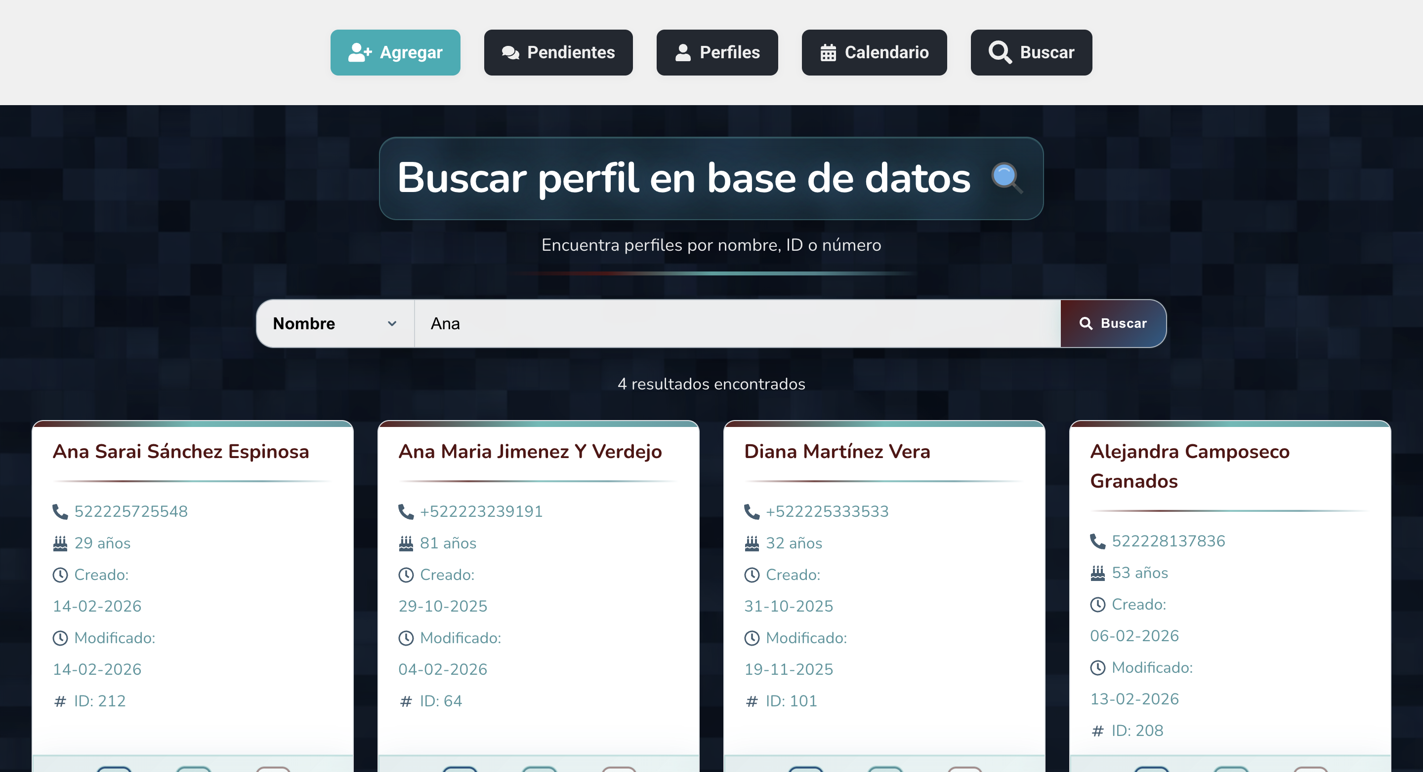 Resultados de búsqueda de perfiles